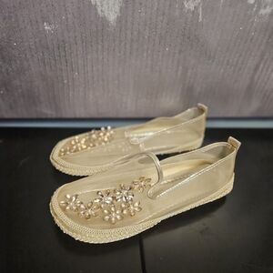 Embellished Gold Mesh Slip-On Flats